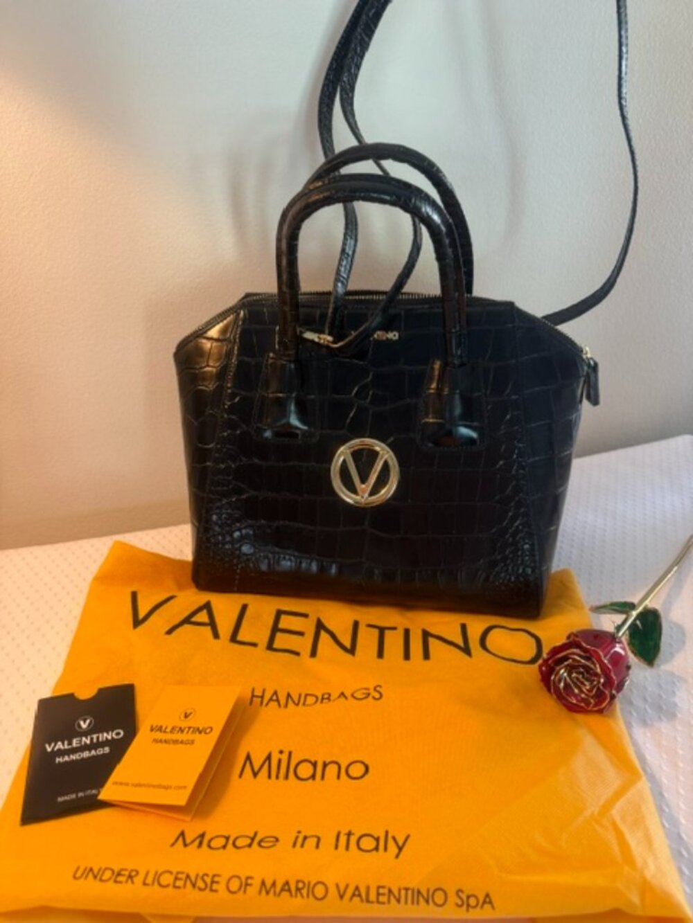 Authentic Valentino by Mario Valentino Black Croc Embossed Leather Satchel Cross